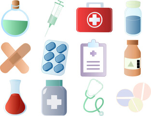 Health care, set of medicine colorful vector icons, ambulance health insurance