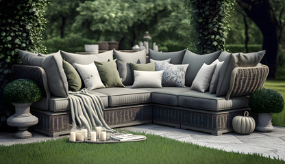 Grey pillows on trendy wicker L shape sofa in the green garden, generative ai
