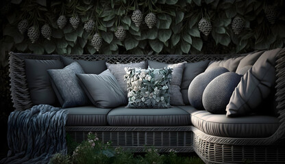 Grey pillows on trendy wicker L shape sofa in the green garden, generative ai