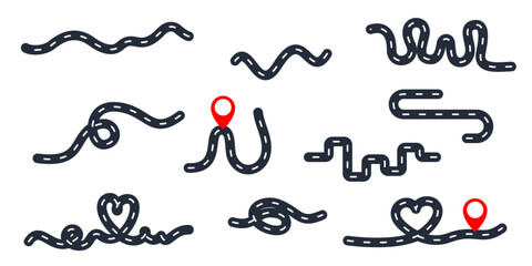 GPS location red pin on path way asphalt road illustration