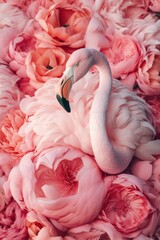 Abstract exotic pastel pink animal concept portrait, fresh Spring pastel pink flowers, and tropical flamingo. Generative AI.