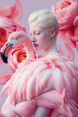 Naklejka premium Abstract exotic pastel pink animal and woman concept portrait, young beautiful girl and tropical elegant flamingo. Generative AI.