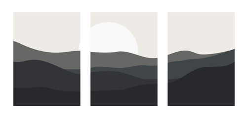Mountain landscape set with sunrise. wall decor collection. Modern minimalist art print. Vector illustration