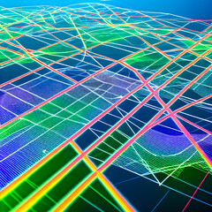 Fototapeta premium Abstract city illustration and dot connect line design, big data connection technology concept. A blur effect is applied.