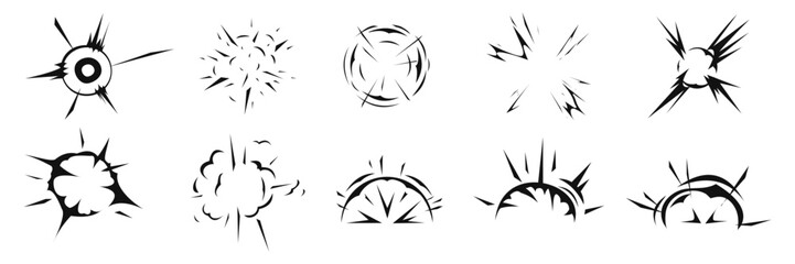 Explosion burst dust, power bombs explode effect. Isolated symbols graphic vector set. Radial explosion silhouette. Exploding bursts, round explosions cloud and exploded bomb effect black silhouettes. © Oleg
