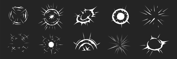 Set of white cartoon vector explosion effect frames. Comic energy blast with smoke, flame ring and shining particles for promo, video or web design. Sparks, trails, bangs, stars, circles for promo.