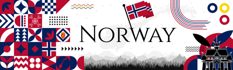 The Norway Constitution Day abstract banner design with flag and map. Flag color theme geometric pattern retro modern Illustration design. red, white and blue color template.