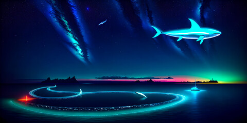 Whales and dolphins flying in the air over water and mountain hills in neon colors