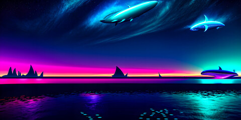 Whales and dolphins flying in the air over water and mountain hills in neon colors