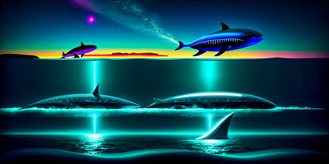 Fototapeta na wymiar Whales and dolphins flying in the air over water and mountain hills in neon colors