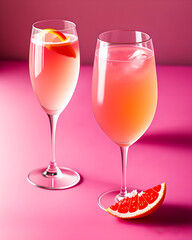 realistic illustration of a fresh orange cocktail in a glass on a pink background with grapefruit slices around. Bar concept. Non-alcoholic fruit cocktail with vitamins. Aperitif or breakfast