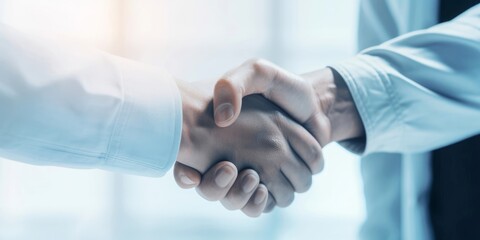 Businessmen engaging in a handshake, representing a gesture of greeting and a sign of a potential business deal. Business cooperation, mergers and acquisitions finance, and investment background