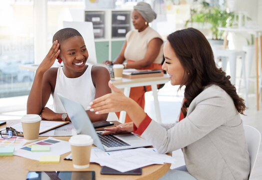Business women, laptop discussion and collaboration of a web analytics group in a office. Teamwork, solidarity and online logistics of female staff in a meeting with website statistics and data