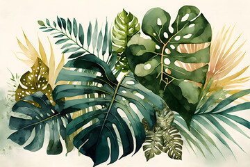 Watercolor background with tropical leaves. Generative Ai
