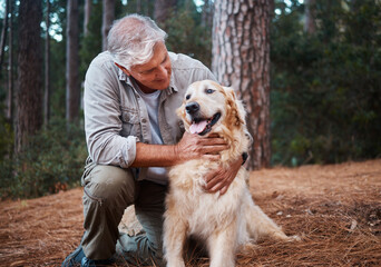 Senior man, hiking with dog in forest and adventure, fitness with travel and pet with love and...