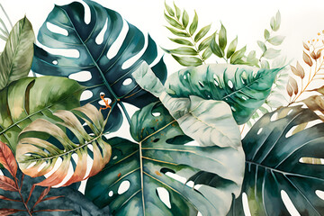Watercolor background with tropical leaves. Generative Ai
