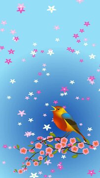 vertical animation template for social media , Cartoon bird sitting on a branch with pink flowers on a blue background. Flying animated sakura flowers.