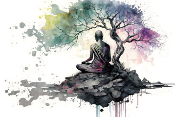 Watercolor illustration of a meditating man. Generative Ai
