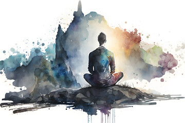 Watercolor illustration of a meditating man. Generative Ai
