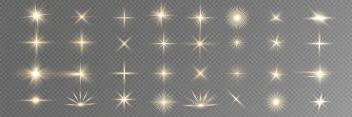 Shining golden stars isolated on transparent background. Effects, glare, lines, glitter, explosion, golden light. Vector illustration