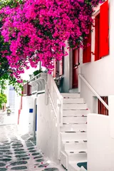 Poster Charming typical floral streets of greek islands. Mykonos, Cyclades. popular summer tourist destination © Freesurf