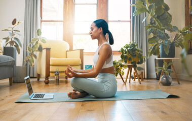 Yoga, fitness meditation and woman on laptop for online class and workout with home, holistic...