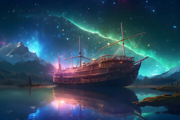 Fototapeta premium Ship in the night with a beautiful sky in the background, generative AI