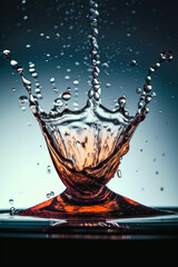 Éclaboussure d'une goutte d'eau dans un liquide coloré sur fond bleuté dégradé, prise de vue haute vitesse de déclenchement, effet "splash"
