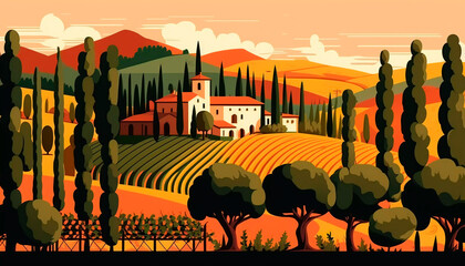 Italy Tuscan vineyards Summer landscape for design banner ticket, card, poster. Generative AI	