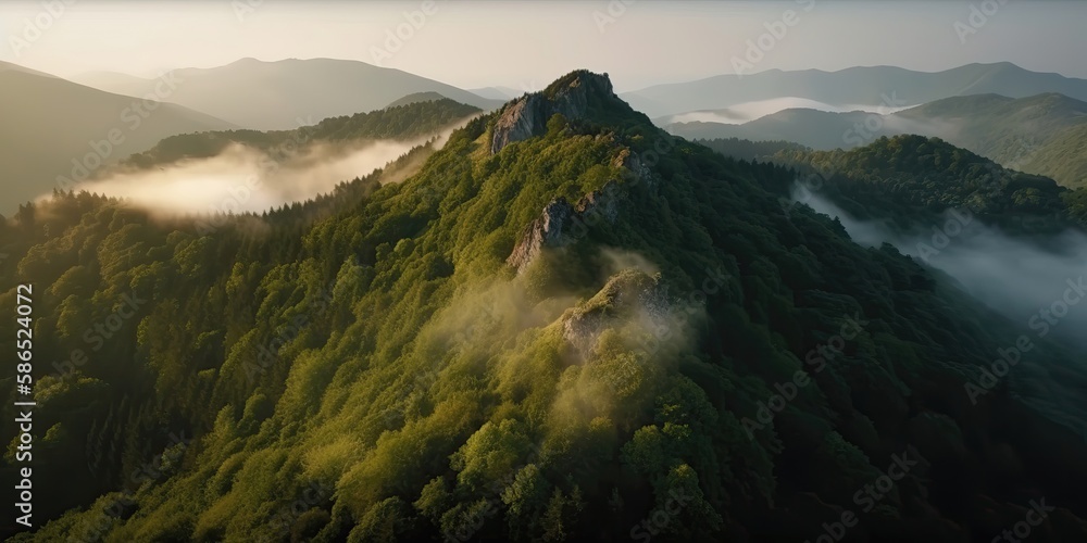 Poster A view from a height of a mountain peak with green trees in the fog.Aerial view. Panoramic shot. Generative AI