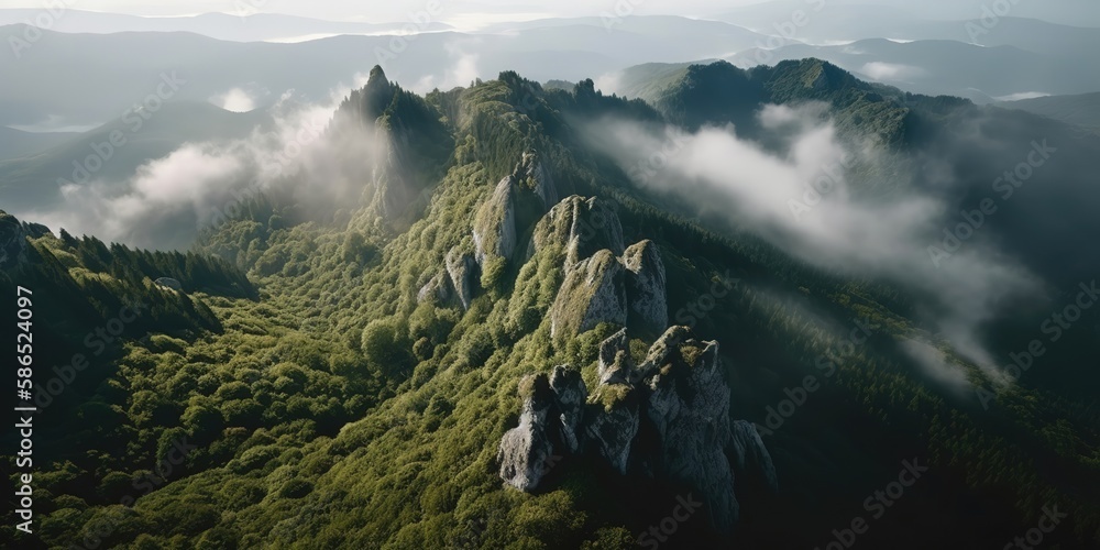 Poster A view from a height of a mountain peak with green trees in the fog.Aerial view. Panoramic shot. Generative AI
