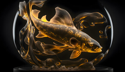 A radiant and translucent glass sculpture of a koi fish, generative ai