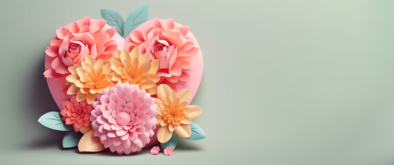 Mother's Day, Mom's Day or Women's Day or Valentines day heart shaped flowers composition with copy space on pastel background. 3d style. Generative Ai.