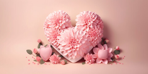 Mother's Day, Mom's Day or Women's Day or Valentines day heart shaped flowers composition with copy space on pastel background. 3d style. Generative Ai.