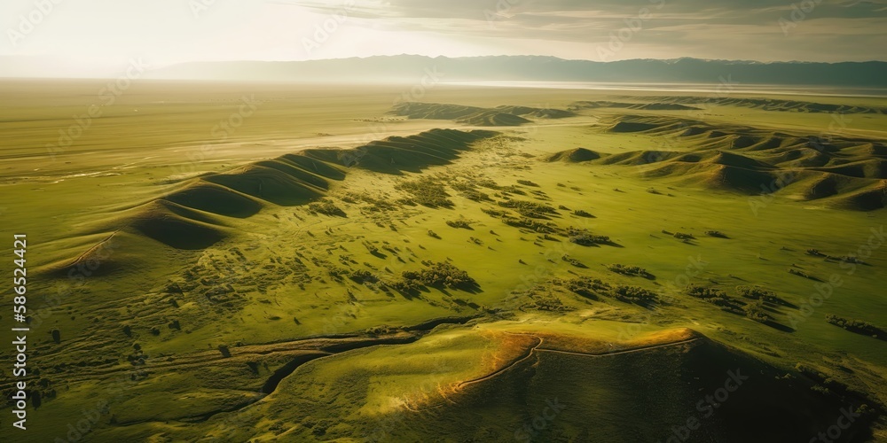 Poster Panoramic view from the height of green fields and meadows in summer.Aerial view. Panoramic shot. Generative AI