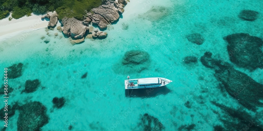 Poster a boat moored in a bay with green forests around.aerial view. panoramic shot. generative ai
