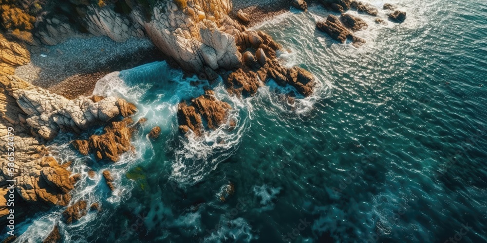 Poster a beautiful picture of a rocky beach with a cliff from above.aerial view. panoramic shot. generative