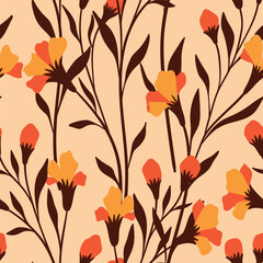 Seamless floral pattern, elegant print with a retro motif. Beautiful botanical design with hand drawn wild plants: small orange flowers, brown leaves, stems on a light background. Vector illustration.