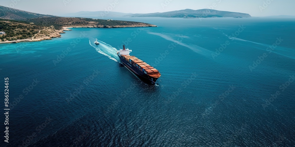 Poster A photo from a height of a container ship the size of a truck.Aerial view. Panoramic shot. Generative AI