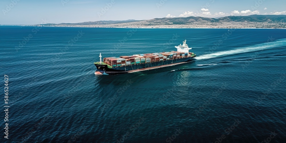Poster A photo from a height of a container ship the size of a truck.Aerial view. Panoramic shot. Generative AI