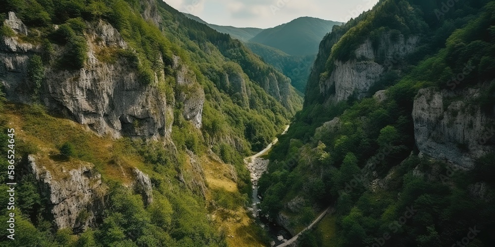 Poster View from the height of a rocky canyon with greenery.Aerial view. Panoramic shot. Generative AI