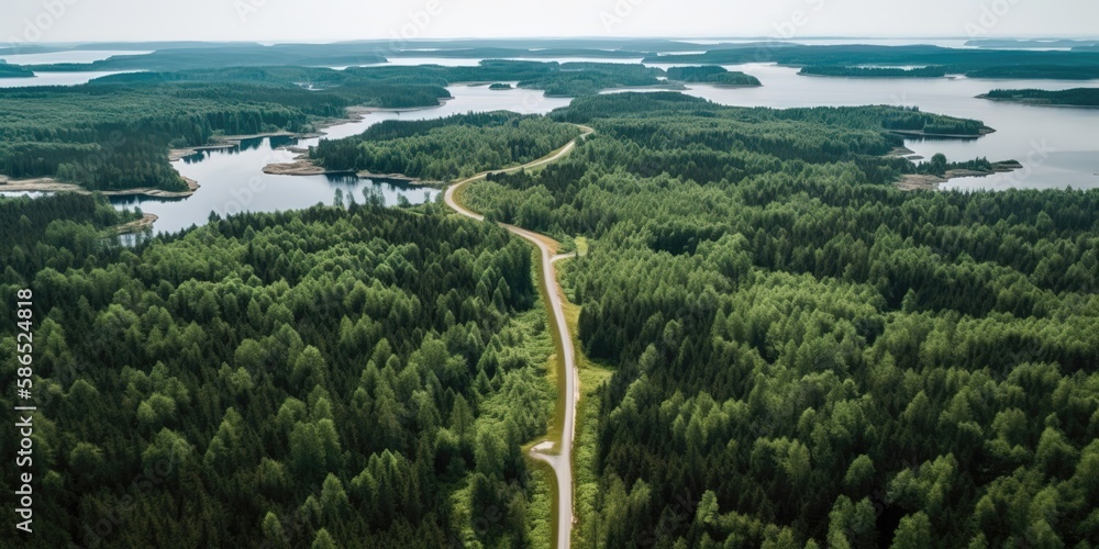 Aufkleber bird's-eye view of the road in the middle of the forest.aerial view. panoramic shot. generative ai