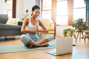 Yoga, meditation and namaste of woman on laptop online class, video call or webinar in holistic...
