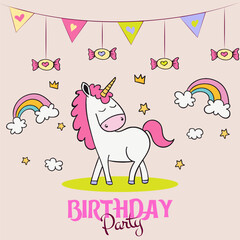 birthday card with horse, birthday party invitation with baby unicorn, hand drawn unicorn poster design