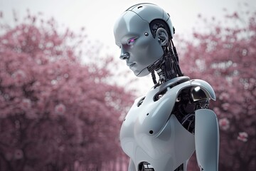 Fototapeta premium white and clean Robot with emotions on tis face in the future in front of a cherry blossom tree, generative ai,