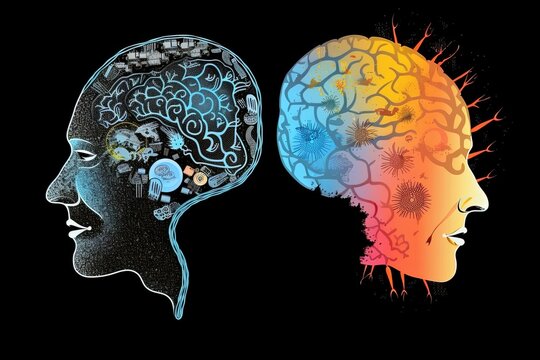 left brain vs. right brain concept, logical brain vs. creative brain, logic vs. creativity, human silhouette, generative ai