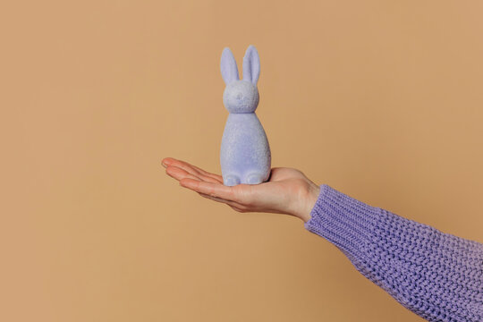 Hand of woman holding purple Easter rabbit against brown background