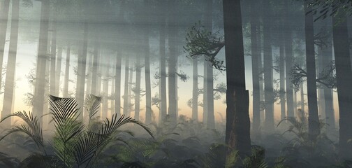 Obraz premium Forest in the morning in a fog in the sun, trees in a haze of light, glowing fog among the trees, 3D rendering