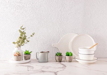 white ceramic utensils and indoor flowers in ceramic mini pots on the kitchen countertop made of white marble. grey cement wall. a copy space.