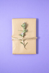 Creative layout made of rosemary with diy gift box. Flat lay. nature concept..
